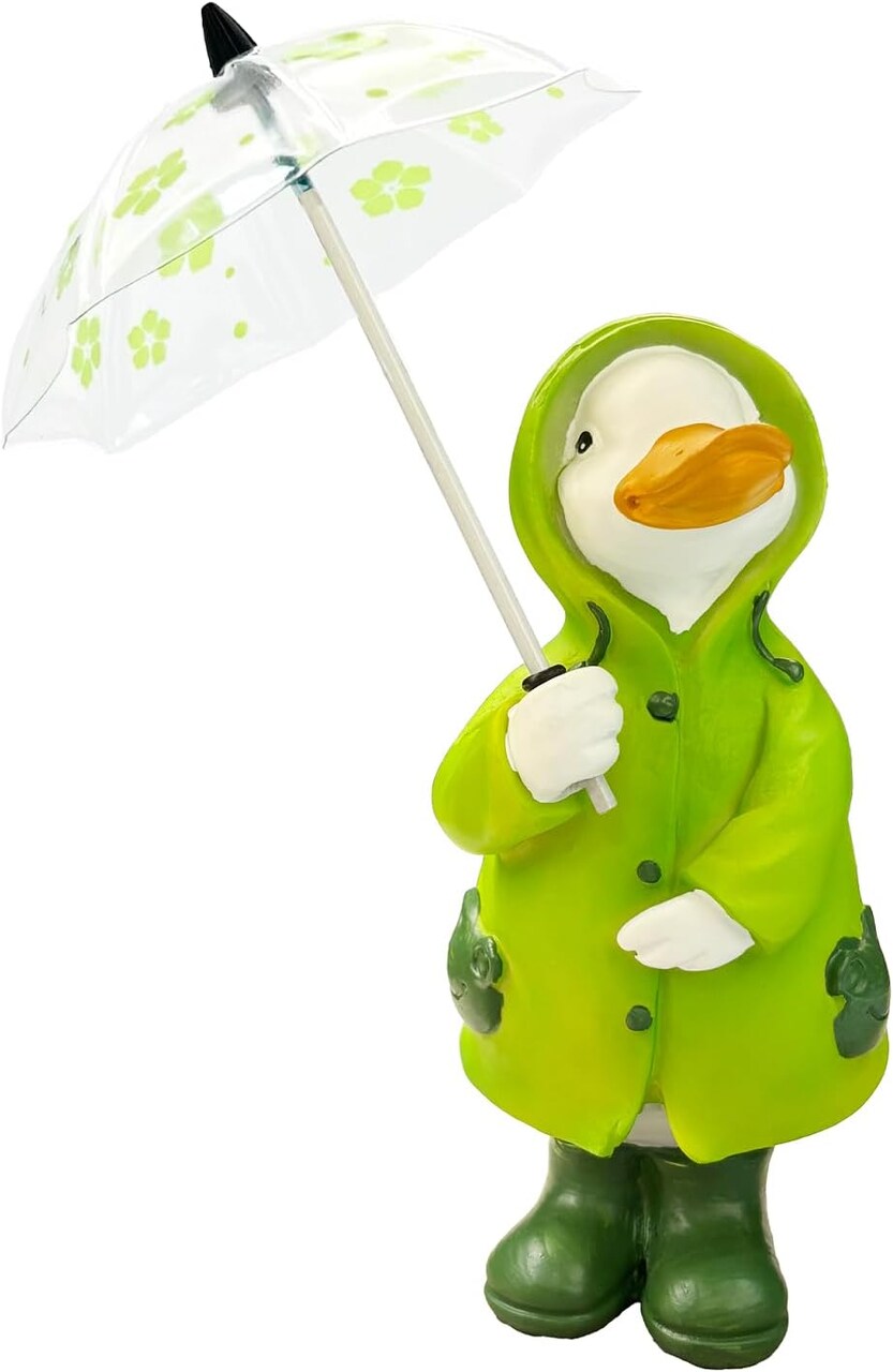 Duck Figurine Indoor Decor – Resin Statue with Green Raincoat & Umbrella for Desk, Shelf & Kids Room
